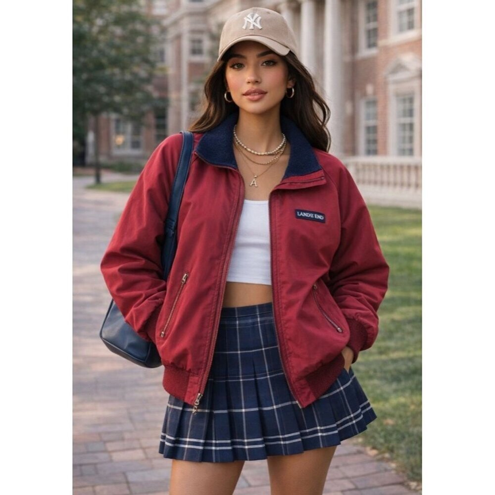 VTG LANDS END Women Red Full Zip Fleece Lined Bomber Track Jacket M Gorp Outdoor